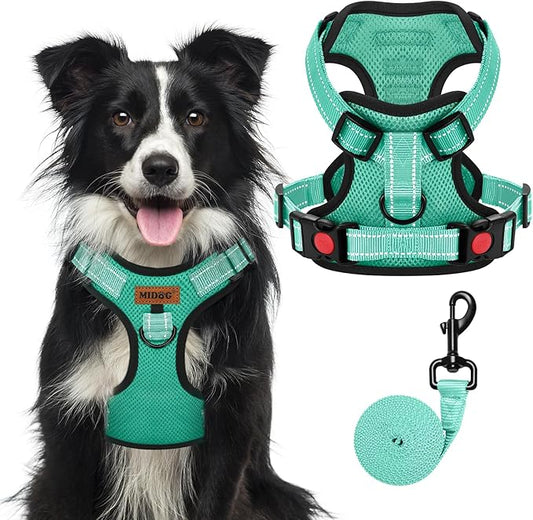 MIDOG No-Pull Dog Harness | Adjustable & Reflective Pet Harness Leash Set for Small Medium Large Dogs Walking, Training| No Choke, Front Clip, Soft Padded Vest with Easy Control Handle - Green, XL