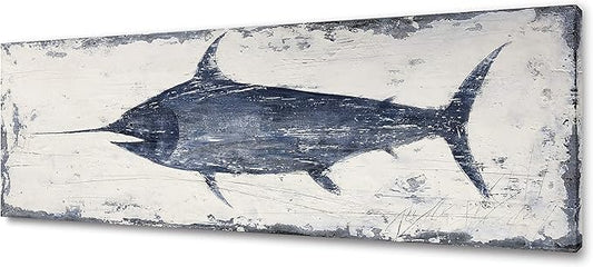 Yihui Arts Indigo Blue Swordfish Canvas Wall Art Painting Pictures for Living Room Bedroom Bathroom Decor