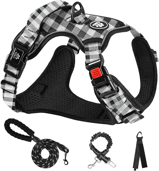 NESTROAD Dog Harness (Checkered Black,S) with Leash, Reflective, Adjustable, Soft Padded, Easy Control Handle, for Small Dogs, Front & Rear Clip Design