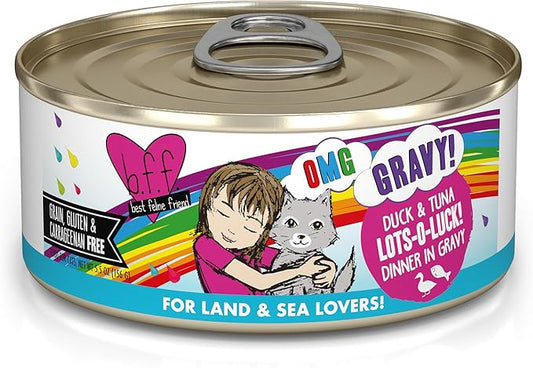Weruva B.F.F. OMG - Best Feline Friend Oh My Gravy!, Lots-O-Luck! with Duck & Tuna in Gravy Cat Food, 5.5oz Can (Pack of 8)
