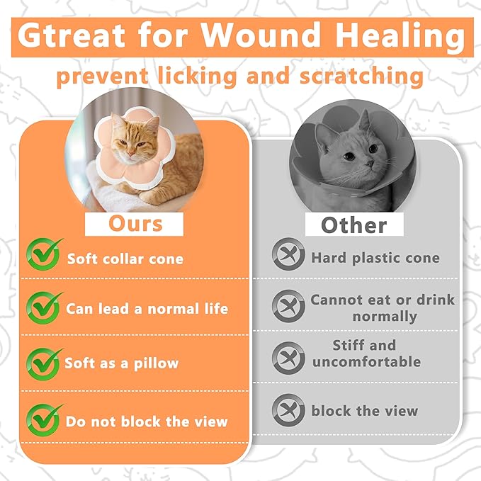 Cat Cone Collar Soft, Waterproof Cats Cones to Stop Licking After Surgery, Adjustable Soft Elizabeth Cats Collars for Wound Healing, Flower Shape Cat Recovery Collar (Pastel Orange, Large)