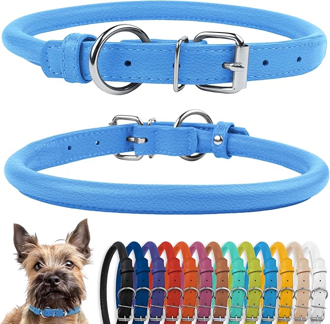 CollarDirect Rolled Leather Dog Collar, Soft Padded Round Puppy Collar, Handmade Genuine Leather Collar Dog Small Large Cat Collars 13 Colors (8-11 Inch, Light Blue Textured)
