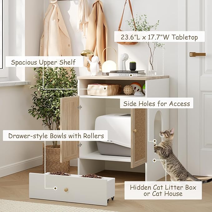 Cat Litter Box Enclosure Furniture Hidden - Indoor 3-in-1 Wooden Cat House & Washroom Cabinet with Scratching Board Doors, Shelf and Feeder Bowls, 23.6”x17.7”x32.7”H