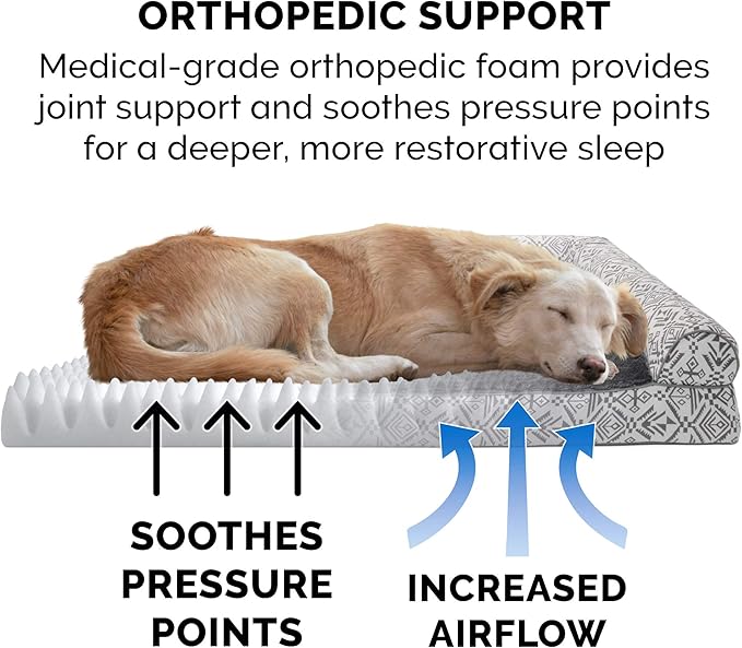 Furhaven Orthopedic Dog Bed for Large/Medium Dogs w/ Removable Bolsters & Washable Cover, For Dogs Up to 55 lbs - Plush & Southwest Kilim Woven Decor Sofa - Boulder Gray, Large
