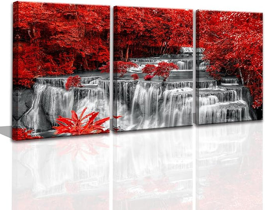 Yxbhhym Black White and Red Waterfall Canvas Wall Art Forest Paintings Waterfall Artwork for Wall Print Landscape Wall Picture for Living Room Wall Decor Large Framed Wall Art -24x48inches