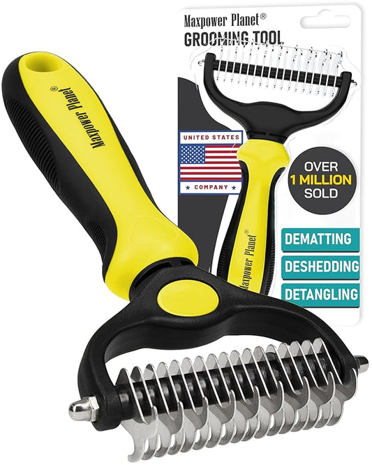 Maxpower Planet Pet Grooming Brush - Double Sided Shedding, Dematting Undercoat Rake for Dogs and Cats - Extra Wide Dog Grooming Brush - Yellow