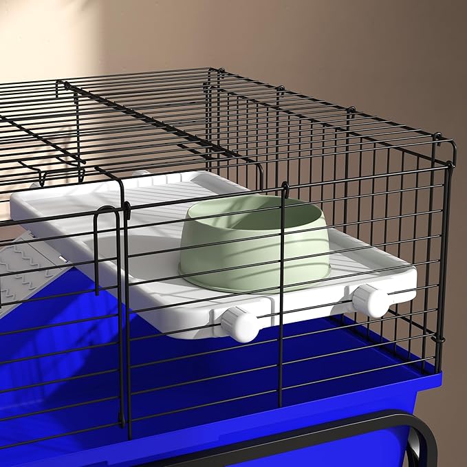 PawHut Two-Story Small Animal Cage Removable from Stand, Guinea Pig Cage with Shelf & Wheels, Pet Habitat for Hedgehog, Chinchilla, Ferret, 33" x 18.5" x 35", Blue