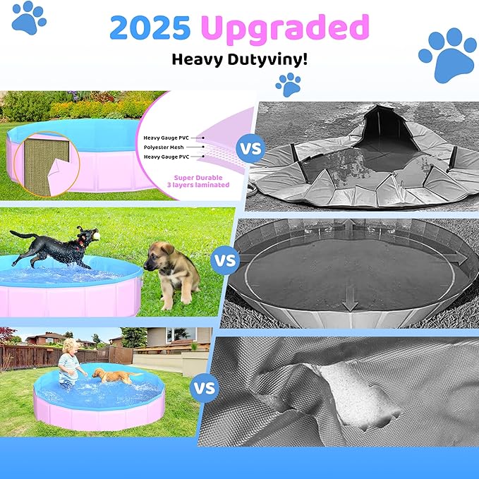 2025 Updated Foldable Dog Pool, 63" x 12" Kiddie Pool with Hard Plastic, Non-Slip Dog Bath Tub for Outdoor Backyard, Collapsible Dog Swimming Pool for Kids Dogs Pets (Pink)