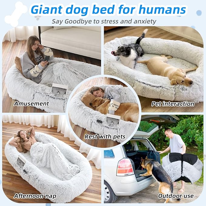 Human Dog Bed - 71"x45"x12" Fits You & Pets, Washable Faux Fur, Orthopedic, Plump Pillow, Blanket, Strap - Grey