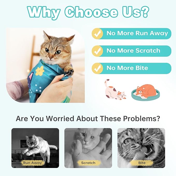 Cat Grooming Wrap, Cat Wrap for Cutting Nails, Self-Adherent Fabric Wrap for Cats, Cat Burrito Wrap Anti-Scratch, Anti-Escape, Multifunctional Swaddle Wrap Pet Tool 27.5×27.5"