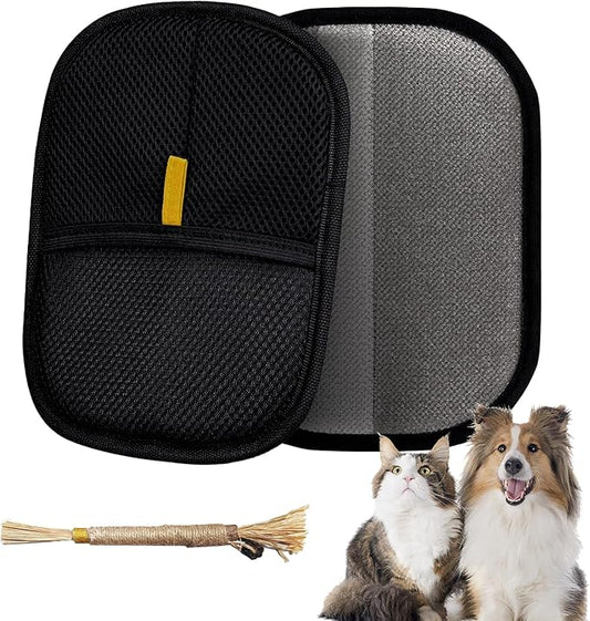Pet Hair Removal Glove for Furniture, Carpet, Clothes and Car Seats, Electrostatic Cat & Dog Hair Removal Tool, Eco-Friendly Reusable Pet Hair Remover Glove with Silvervine Sticks (1 Glove & 2 Sticks)