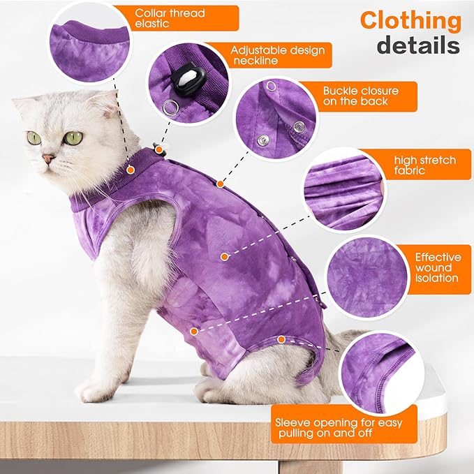 Cat Recovery Suit - Abdominal Wounds Cat Onesie, Cone E-Collar Alternative, Purple S