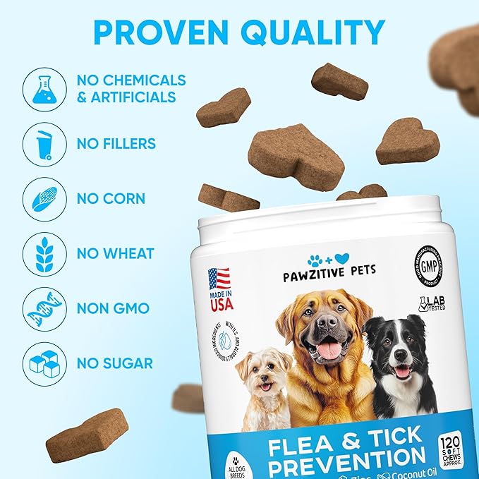 Chewable Flea and Tick Prevention for Dogs - 120 Soft Chews Made in USA - Oral Flea and Tick Control Pills for Small, Medium, Large Dogs and Puppies - Skin and Coat Supplement Treats for All Breeds