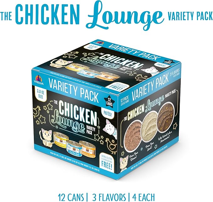Weruva Wet Cat Food, The Chicken Lounge Paté Variety Pack, 3oz Can, Pack of 12