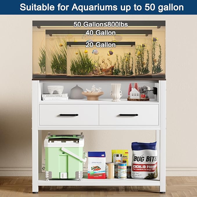 40-50 Gallon Fish Tank Stand with Power Outlet & 2 Storage Drawers, Heavy Duty Metal Frame Aquarium Stand with Waterproof Mat, 36.6" L*19.1" W Tabletop, 800LBS Capacity, White+Brown