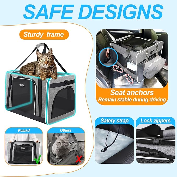 Petskd Extra Large Cat Carrier with Litter Box 24"x17"x17" for Medium Large Cat or 2 Small Cats, Collapsible Soft Sided Pet Carrier for Car Travel with Lockable Safety Zippers(Grey)