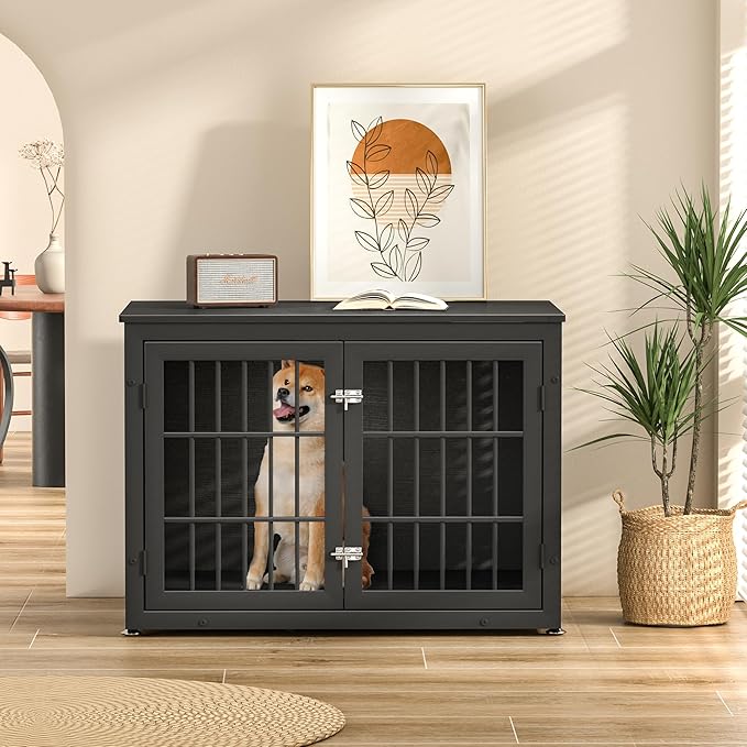 38" Heavy Duty Dog Crate Furniture for Large and Medium Dogs,Wooden Metal Kennel for High Anxiety Dogs, Chew Proof Pet Cage Indoor, Decorative Dog Kennel End Table
