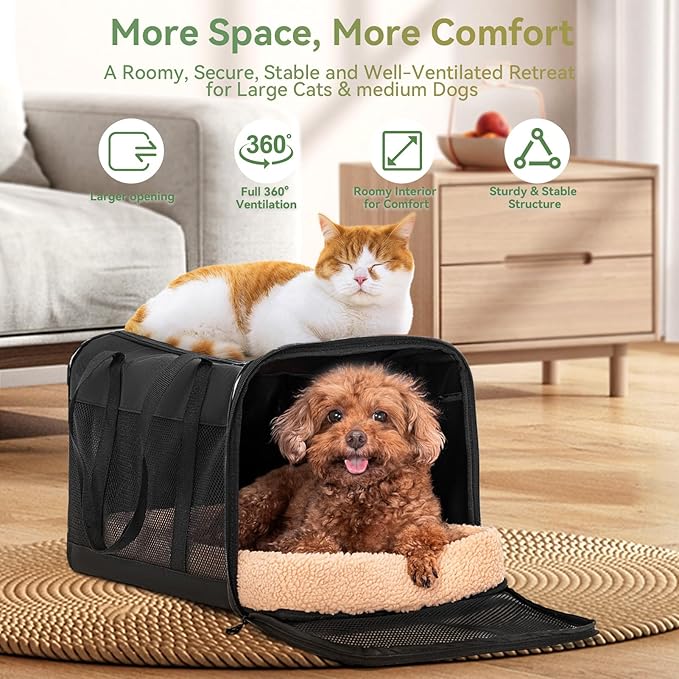 Petsfit 19x12x12 Pet Carrier for Large Cats (up to 20 lbs), Soft-Sided Small Dog Travel Carrier, Upgraded with Patented Buckle and Soft Padding, Ideal for Car Road Trips,Black
