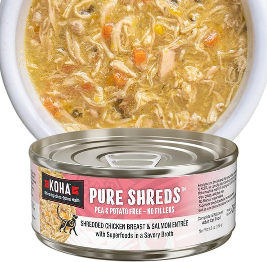 KOHA Pure Shreds Chicken and Salmon Entrée for Cats, High Protein Wet Cat Food, 5.5oz Cans (Pack of 12)