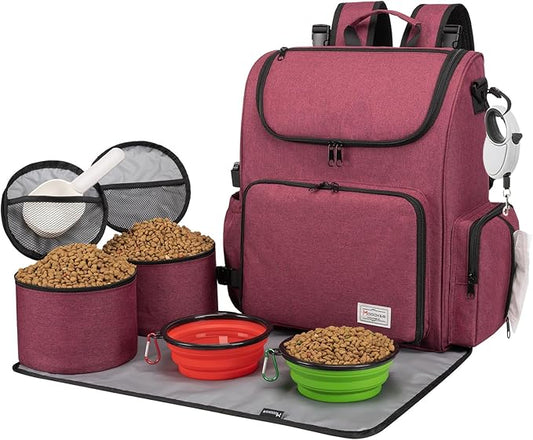 Modoker Dog Travel Bag Backpack, Airline Approved Pet Accessories Organizer for Dog and Cat with Shoulder Strap, 2 Dog Food Storage Containers, 2 Collapsible Dog Bowls,1 Pet Mat, Rose Red