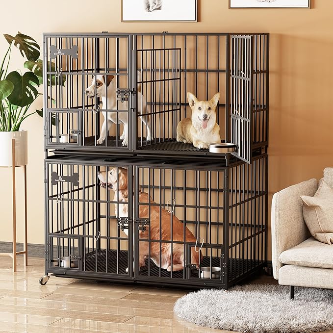 aboxoo 48 inch Stackable Heavy Duty Metal Dog Crate for 4 Dogs/Large Dog,All Metal Open Top Access,Escape Proof Cage,Dog Kennel Indoor with Wheels,Floor Grid, Tray, Divider and Feeding Bowl
