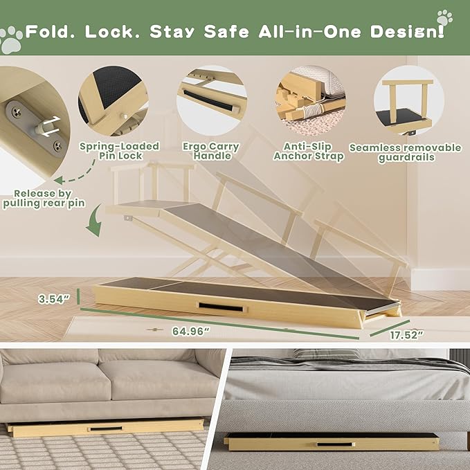 6 Level Height Adjustable Dog Ramp for Bed, Couch 65" Foldable Pet Ramp with Non-Slip Mat，DIY Glow Strips & Rest Platform Heavy Duty Dog Stairs for Large Dogs up to 200Lbs ，Wood Color