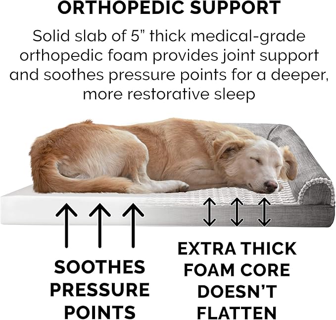 Furhaven Orthopedic Dog Bed for Large Dogs w/ Removable Bolsters & Washable Cover, For Dogs Up to 125 lbs - Luxe Faux Fur & Performance Linen Sofa - Charcoal, Jumbo Plus/XXL