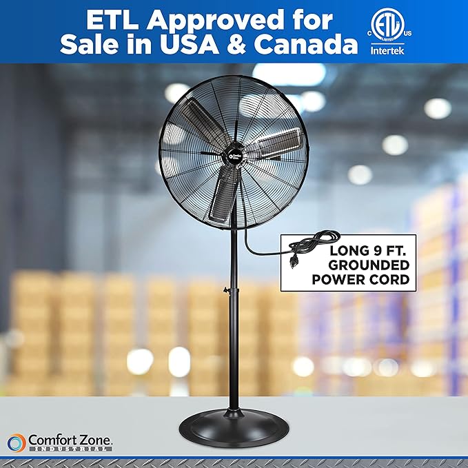 Comfort Zone Industrial Pedestal Fan, 30 inch, 3 Speed, High Velocity, Adjustable Height 56” to 76”, Metal, Meets OSHA Standards, Airflow 36 ft/sec, Ideal for Garage, Workshop or Warehouse, CZHVP30