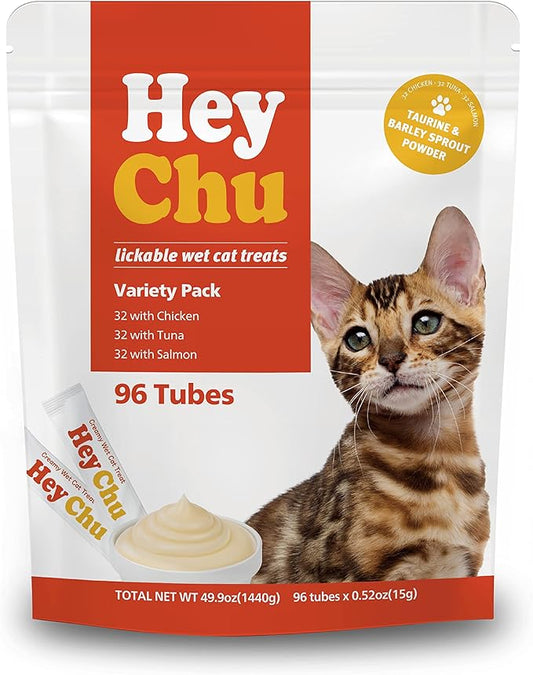 Squeezable Cat Treats, Lickable Puree, Grain-Free, 96 Tubes, Tuna Salmon Chicken, 0.5oz Each Tube