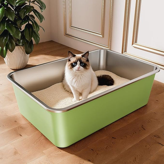 Stainless Steel Litter Box, Large Metal Cat Litter Box with High Sided for Big and Small Cats, Non-Stick, Easy to Clean, Odor-Free, 23.4" L×15.6" W×7.8" H, Leaf Green
