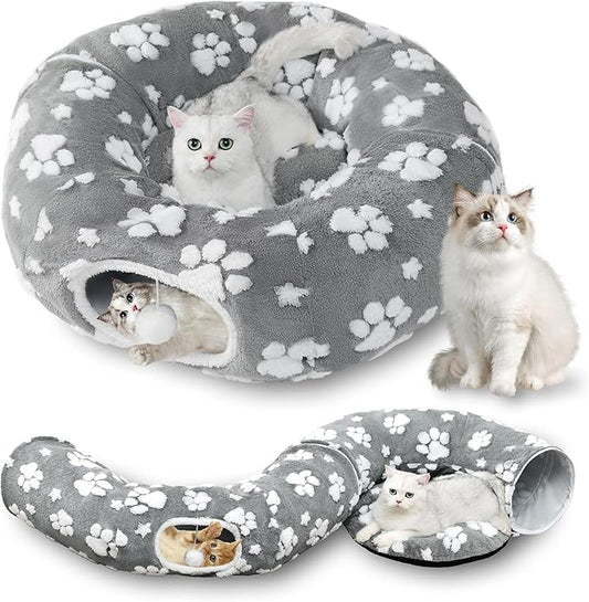 Cat Tunnel for Indoor Cats, Cute Peekaboo Cave with Dangling Balls, Pet Donut Tunnel Bed with Circle Mat for Puppy Kitten Rabbit, Grey