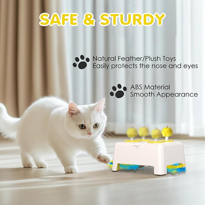 Cat Toys, 2 in1 Automatic Interactive Cat Toys for Indoor Cats, 4 Holes Mice Whack a Mole Cat Mouse Toy with Moving Feather, Rechargeable USB Power Kitten Feather Toys for All Breeds (Yellow)