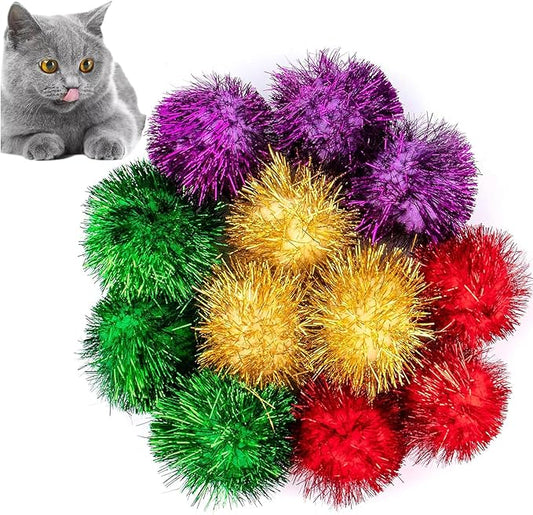 AUEAR, 12 Pack 2 Inch Sparkle Ball Shiny Glitter Tinsel Pom Poms Interactive Cat Balls for Kittens (4 Colors, 12 Inch-12 Pack)