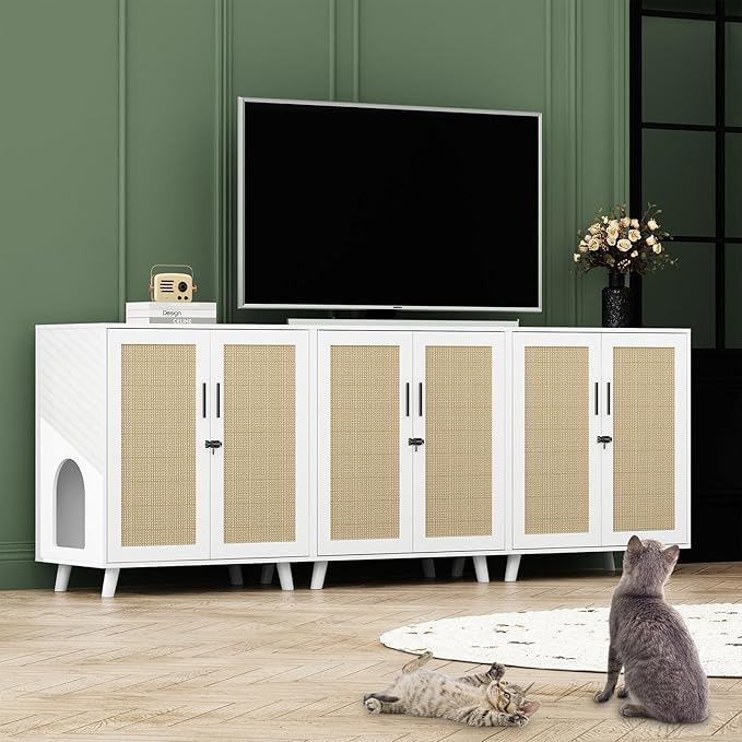 Lovinouse Large Cat Litter Box Enclosure,Hidden Kitty Litter Furniture with Sisal Covered Doors,2-Layer Wooden Cat Washroom Cabinet w/Adjustable Shelf, Side Table for Living Room,White