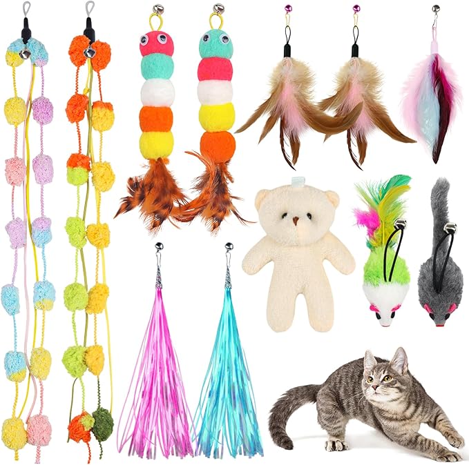 Cat Feather Wand Replacement - 12 PCS Toy Refills and Attachments for Cat Toys