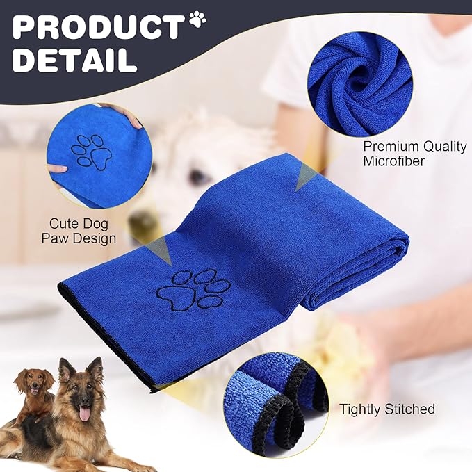 Chumia 4 Pack Dog Towels for Drying Large Microfiber Grooming Tools Absorbent Soft Bath Supplies with Embroidered Paw for Small Medium Pet Products(16 x 32 Inch,Blue)