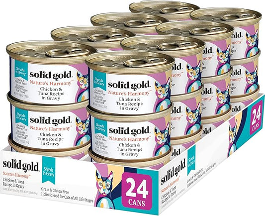 Solid Gold Wet Cat Food Shreds in Gravy - Healthy Canned Cat Food Made w/Real Chicken & Tuna Shreds, Vitamins & Minerals - Grain Free & Gluten Free Canned Meals for Cats & Kittens - 24ct/3oz Can