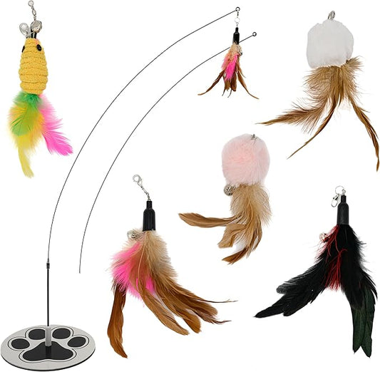 Interactive Cat Toys for Indoor Cats 2 in 1 Cat Wand Toys Solid Round Base Toys for Bored Indoor Adult Cats Self Play Feather Toy Bird Feather