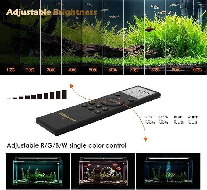 GLOWRIUM LED Aquarium Light with Remote, Full Spectrum Fish Tank Light with Auto Timer, IP67 Waterproof Freshwater Planted Tank Light, Dimmable RGB+W+Moon LEDs with High Performance (18W 24-29inch)