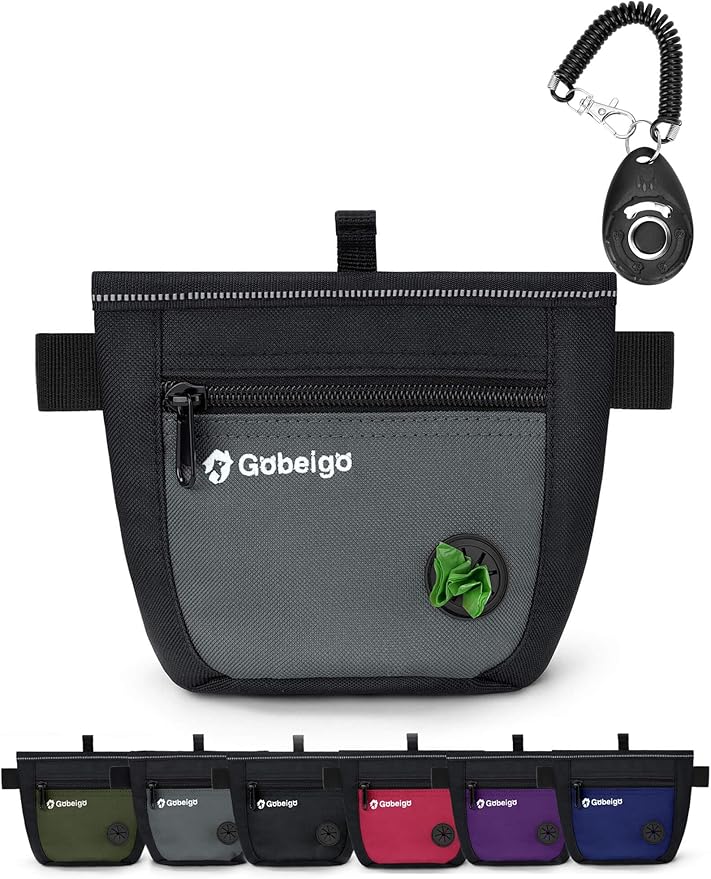 Gobeigo Dog Treat Pouch and Training Clicker, Upgrade Two Magnetic Closure to Prevent Spills, 2 Cup Treat Bag with Poop Bag Dispenser, Metal Clip Waist Belt Fanny Pack for Pet Walking (Black/Gray)