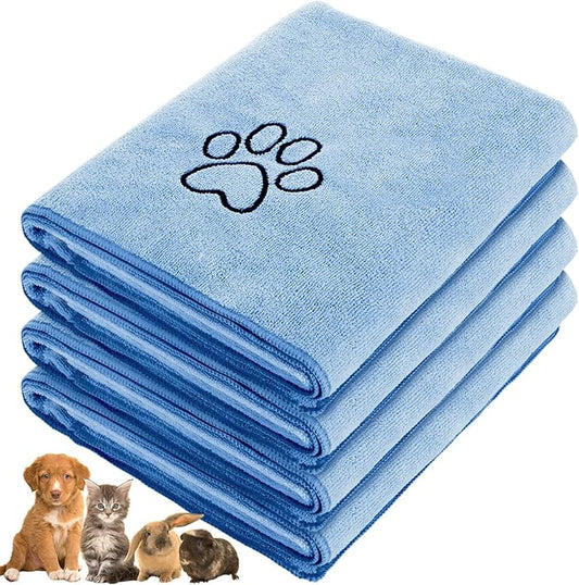 Chumia 4 Pack Dog Towels for Drying Large Microfiber Grooming Tools Absorbent Soft Bath Supplies with Embroidered Paw for Small Medium Pet Products (30 x 50 Inch,Light Blue)