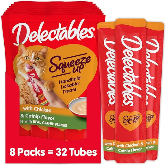 Delectables Squeeze Up Creamy Squeezable Puree, Lickable Wet Cat Treats, Grain Free, No Added Fillers, No By-Products, No Added Preservatives, 0.5 Ounces Tube Chicken with Catnip, 32 Tubes Total
