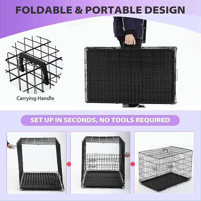 BestPet | Dog Crate | 30" | Black | Foldable Metal Kennel with Double Doors, Secure Slide-Bolt Latches, Leakproof Tray | Portable Dog Cage for Small Breeds | for Travel, Indoor & Outdoor Use