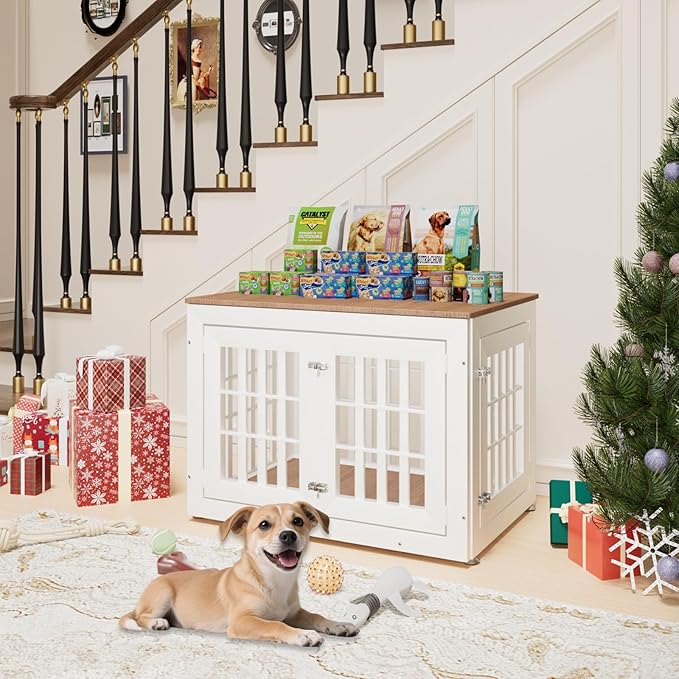 32" Heavy Duty Dog Crate Furniture for Small,Medium and Large Dogs,Rustic Wooden Dog Cage Kennel Indoor Furniture with Waterproof Top,Decorative Pet House Side End Table (White & Wood)