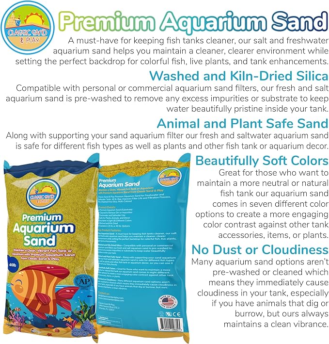 CLASSIC SAND & PLAY Natural Aquarium Sand for Freshwater and Saltwater Tanks, 40 lb. Bag, Improves Filter Life and Filtration Process, Pre-Washed Fine Sand, Yellow