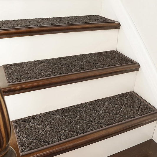 COSY HOMEER Edging Stair Treads Non-Slip Carpet Mat 28inX9in Indoor Stair Runners for Wooden Steps, Edging Stair Rugs for Kids and Dogs, 100% Polyester TPE Backing (7pc, Brown)