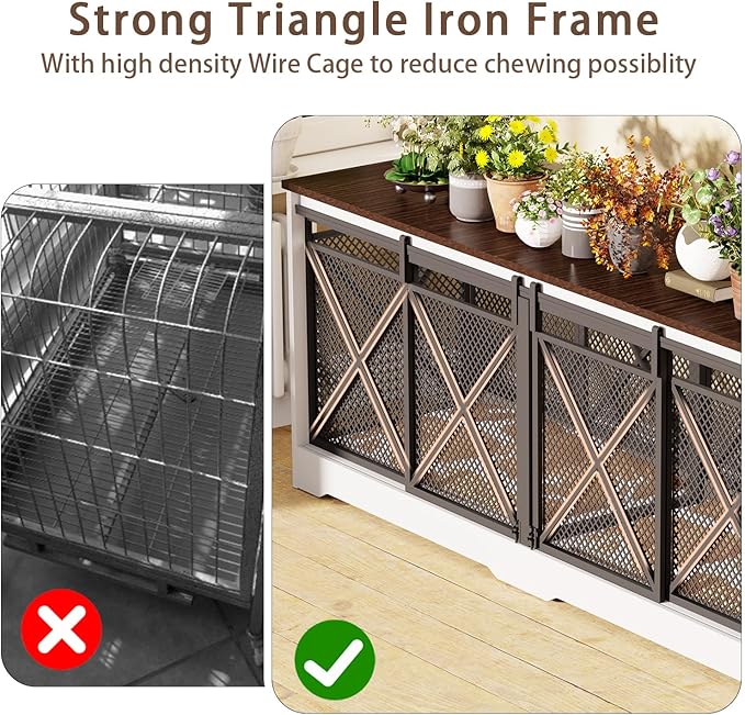 COZPAW 78 Inch Double Dog Crate Furniture, Extra Large Dog Kennel Indoor for Medium Large 2 Dogs, Heavy Duty Dog Cage Chew-Resistant Steel and Wooden Pet House with Removable Divider (White Brown)