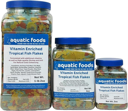 Aquatic Foods Inc. Premium Vitamin Enriched Tropical Fish Flakes, Vitamin Pack, Krill, Color Enhancing, Spirulina Flakes for All Tropical Fish Also Pellet Mix, Wafer Mix Included…6oz Jar