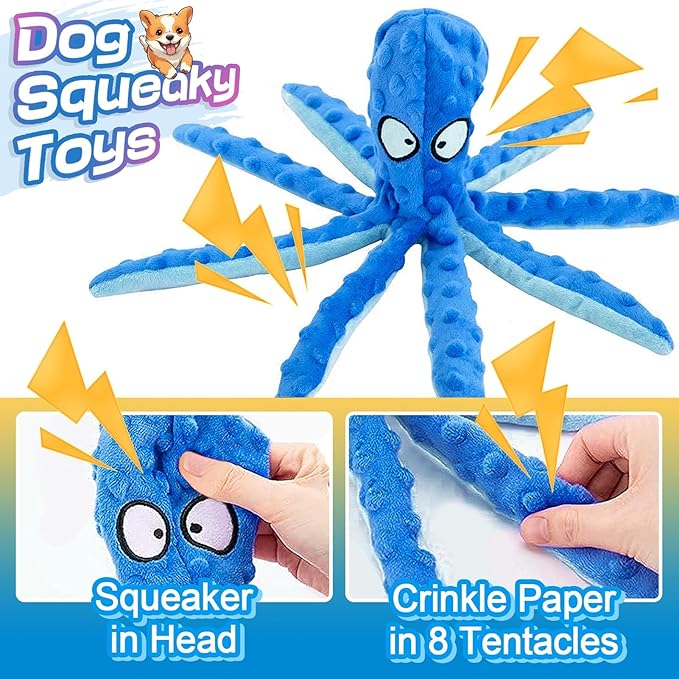 Alphatool Squeaky Dog Toys - 3pcs Soft Plush Chew Crinkle Puppy Toys to Keep Them Busy, Octopus No Stuffing Interactive Essentials for Teething Small Medium Pets Dogs Gifts