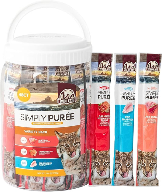 Simply Puree Variety Tub for Cats | 48 Individual Servings of All-Natural, High-Protein Puree Treats | Includes Multiple Flavors | Grain-Free, No Artificial Additives, Smooth Texture